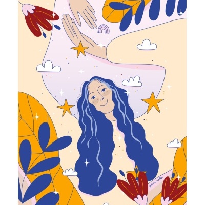 Ilustração de mulher com cabelo azul e elementos naturais coloridos ao redor.