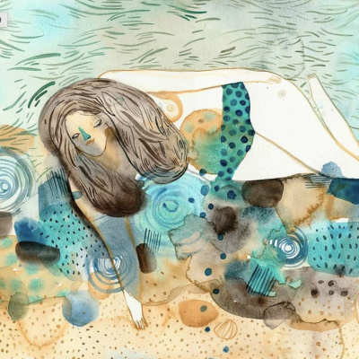 Ilustração de mulher deitada de lado com roupa azul e padrões abstratos em fundo areia