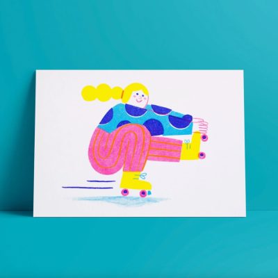 Ilustração de pessoa a andar de patins com roupa colorida