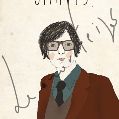 Ilustração de uma pessoa de cabelo castanho com óculos, gravata preta e casaco castanho, texto Jarvis no topo