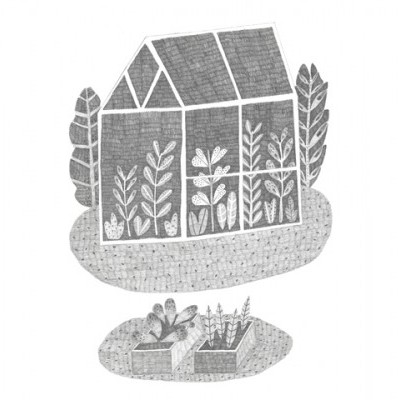 Desenho a preto e branco de uma estufa com plantas estilizadas