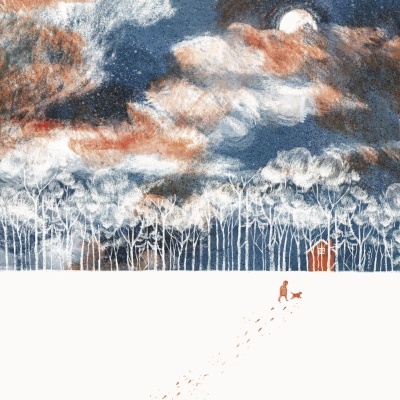 Ilustração artística de floresta à noite com lua cheia, uma pessoa e um cão caminhando na neve