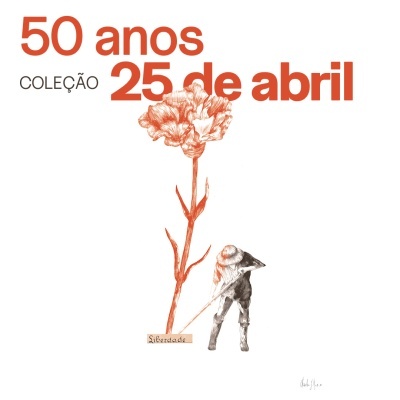 Texto '50 anos COLEÇÃO 25 de abril' com desenho de cravo laranja e figura humana.