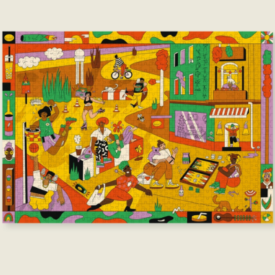 Puzzle ilustrado com pessoas e cenas urbanas coloridas