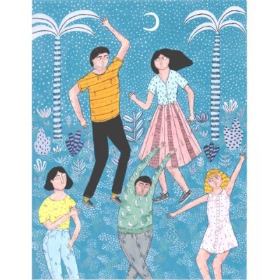 Ilustração de cinco pessoas jovens com roupas coloridas num fundo azul com palmeiras e lua crescente