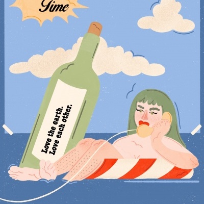 Pessoa numa boia com garrafa e texto 'Limited Time'