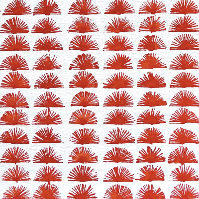 Padrão repetitivo com formas vermelhas estilo ventarolas sobre fundo branco