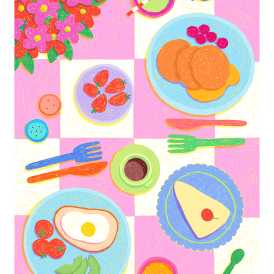 ilustração colorida de uma mesa de pequeno-almoço com vários alimentos e flores
