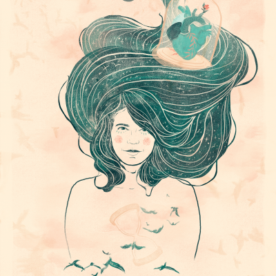 Ilustração de mulher com cabelo longo verde e coração em frasco no cabelo