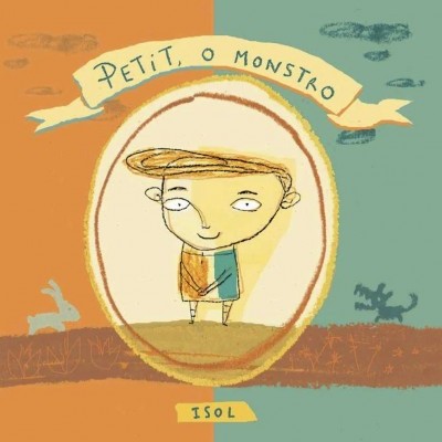Capa de livro 'PETIT, O MONSTRO' com ilustração de criança colorida e fundo dividido em laranja e verde
