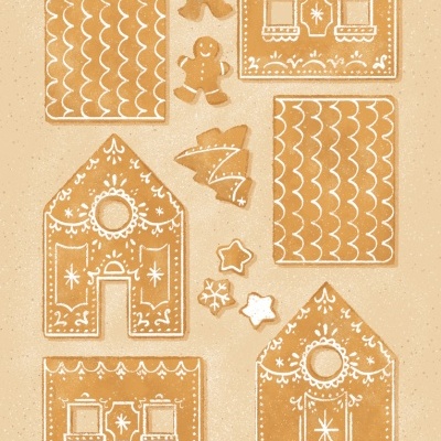Biscoitos de gengibre decorados em forma de casas e figuras natalícias