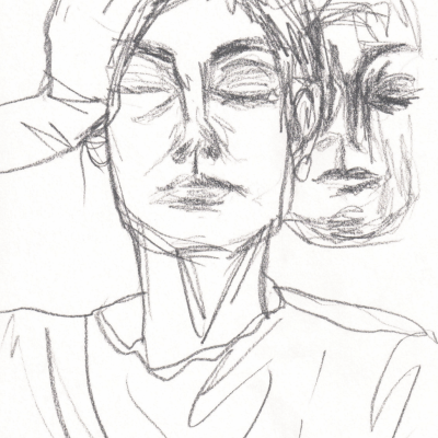 Desenho a lápis de duas faces humanas num fundo branco.