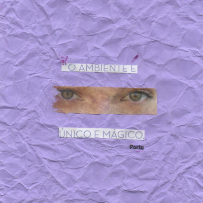 Fundo lilás amassado com olhos humanos recortados e textos colados.