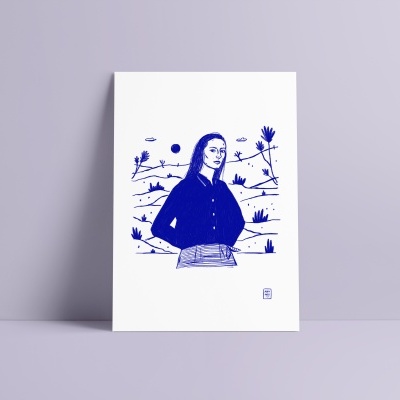 Ilustração em papel com desenho de mulher em azul sobre fundo lilás