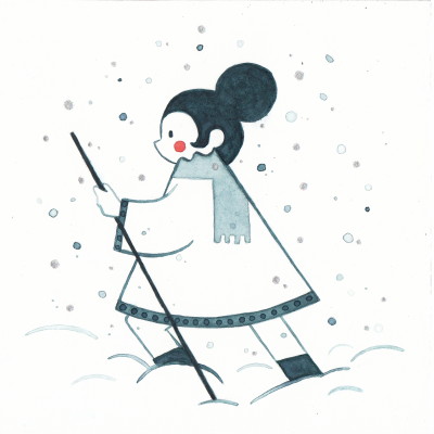 Ilustração de mulher a caminhar na neve com casaco branco e cachecol cinza