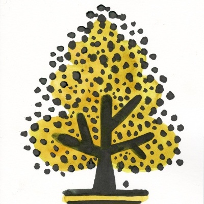 Desenho de árvore com tronco e ramos pretos e folhas amarelas com manchas negras sobre fundo branco