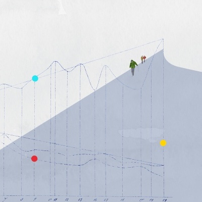 gráfico azul claro com pontos coloridos e duas figuras humanas a subir, texto 'Planche 156'
