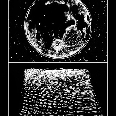Desenho a preto e branco de um planeta ou lua e padrões abstratos cortados em duas secções