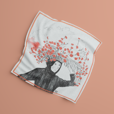 Lenço quadrado branco com desenho de pessoa com chapéu floral cor de salmão