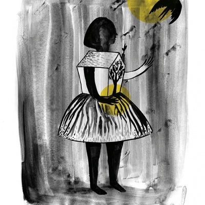 Ilustração em preto e branco de figura feminina com casa no tronco, círculos amarelos e fundo abstrato