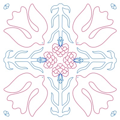 Desenho simétrico floral em azul e vermelho com fundo branco