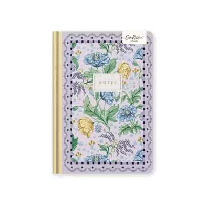 Caderno com capa floral lilás e lombada dourada