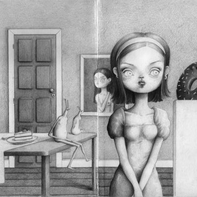 Ilustração a preto e branco de uma rapariga com olhos grandes num interior com mesa, garrafa, copos, figuras sentadas e esculturas