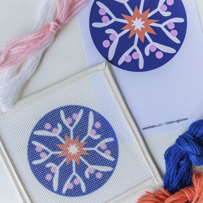 Kit de bordado com padrão circular colorido e fios em várias cores