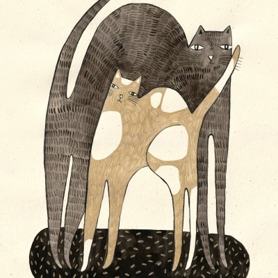 Desenho de dois gatos alongados com padrões e um tapete oval preto