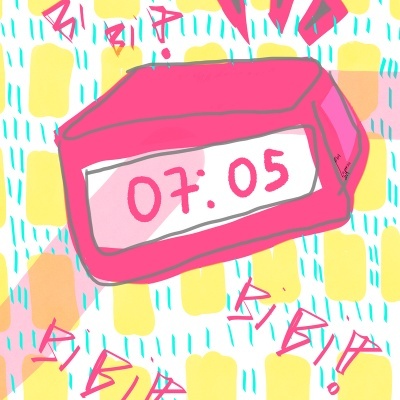 Relógio despertador digital rosa mostrando 07:05 com fundo colorido e texto BIP BIP.