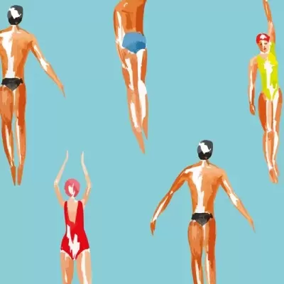 Padrão de nadadores em fatos de banho coloridos vistos de cima sobre fundo azul