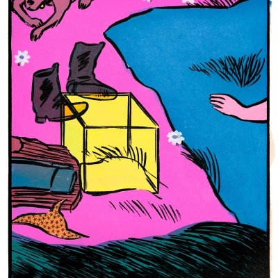 Vários objetos e um cão sobre fundo rosa com texto 