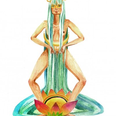 Ilustração aguarela de figura feminina com coroa e flor de lótus
