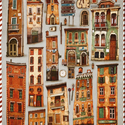 Manta decorativa com ilustrações de edifícios e sinais de ruas em tons terrosos.