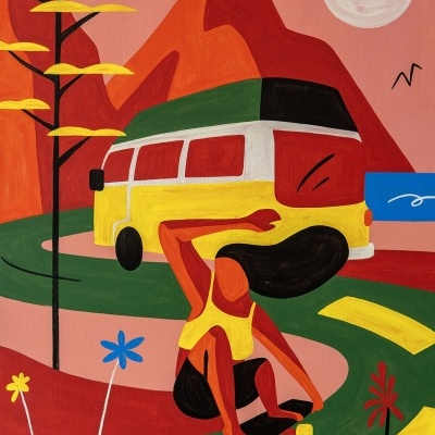 Ilustração de skateboarder com autocarro e montanhas ao fundo