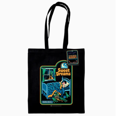 Saco de tecido preto com ilustração colorida e texto Sweet Dreams