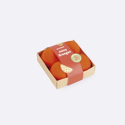 Caixa pequena de cartão com três laranjas e faixa vermelha com texto 'All Natural Juicy Oranges'