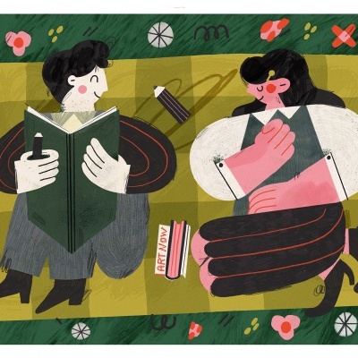 Ilustração de duas pessoas num tapete verde com flores, uma lendo e outra segurando livro rosa ART FLOW.