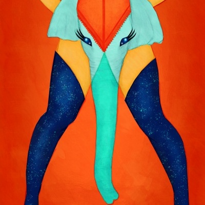 Pintura artística colorida mostrando pernas com collants azuis estrelados e cabeça de elefante azul e laranja entre as pernas