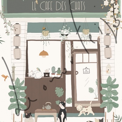 Fachada de café com gatos e plantas decorativas