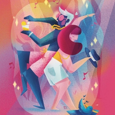 Ilustração colorida de duas pessoas a dançar e um pássaro azul cantando