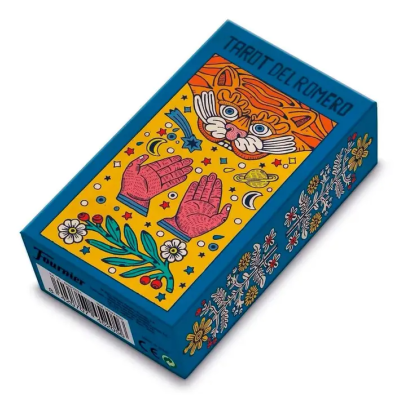 Caixa de baralho de tarot colorida com ilustrações de tigre, mãos e flores