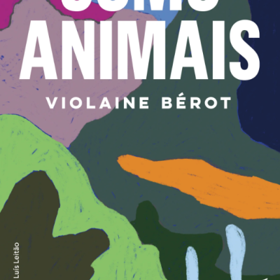 Capa de livro 'COMO ANIMAIS' com fundo abstrato e texto em branco.