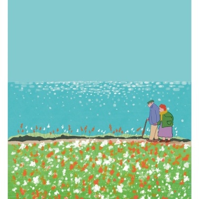 Ilustração de casal idoso a caminhar perto de campo florido e céu azul