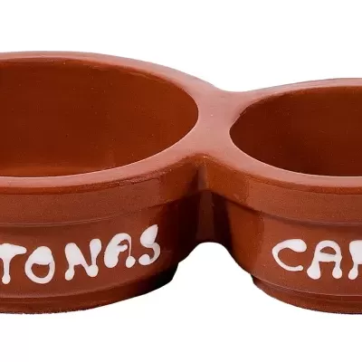 Recipiente de cerâmica com dois compartimentos para azeitonas e caroços