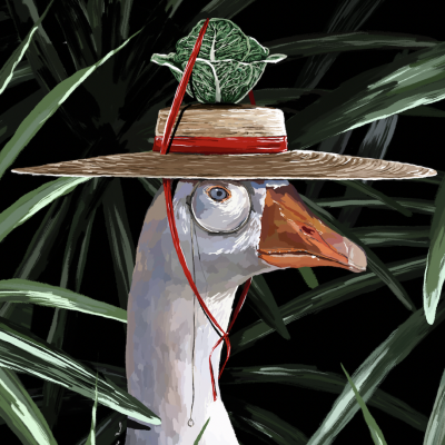 Ilustração de ganso com chapéu de palha, livro e folha, em fundo de folhas escuras