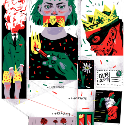 Montagem de ilustrações coloridas com texto multilíngue e figuras estilizadas