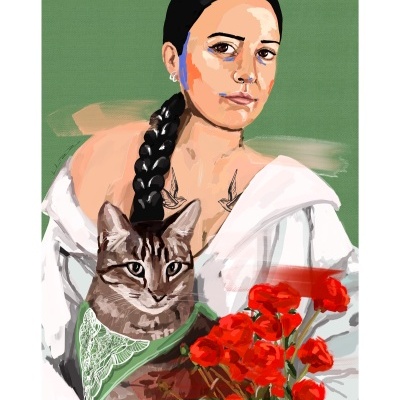 Mulher com gato e flores vermelhas em fundo verde