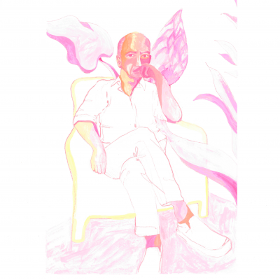 Desenho de homem sentado em poltrona com folhas cor-de-rosa ao fundo