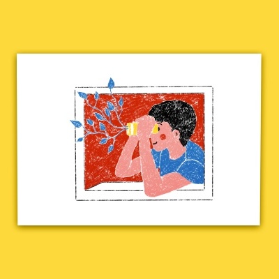 Ilustração de pessoa olhando para raminho através de objeto amarelo